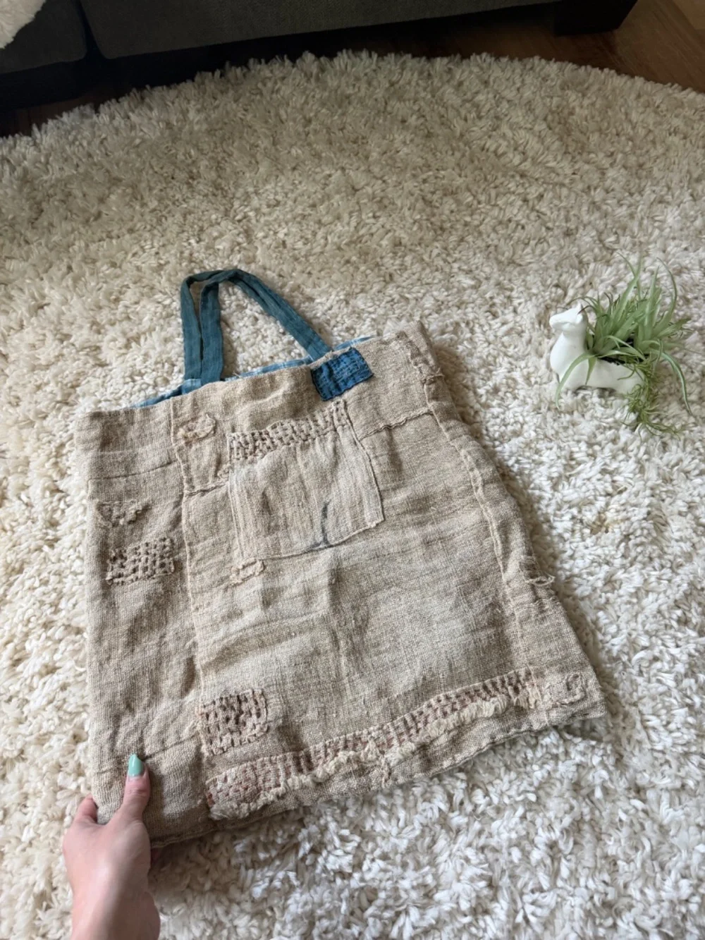 Casual Natural Beige Burlap Tote with Teal Handles trending potato vintage bag b